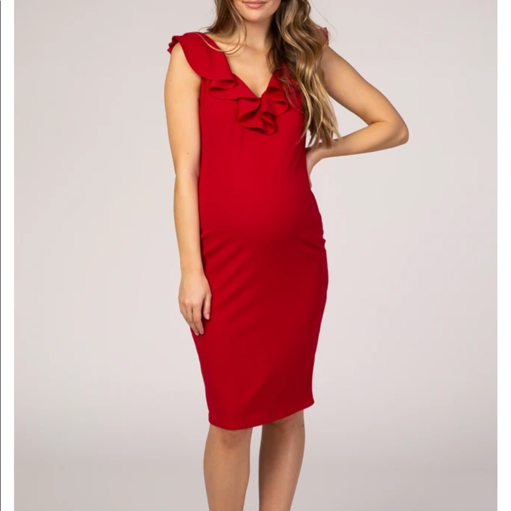 Red Solid Ruffle Neck Dress